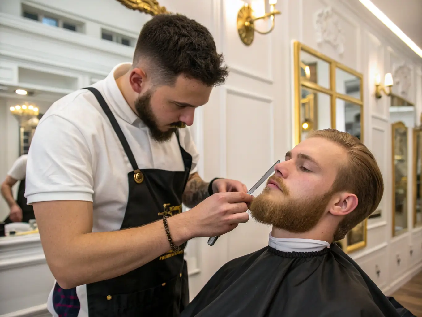 A barber carefully shaping a client's beard with precision tools, highlighting the beard trimming services offered at Barber01.